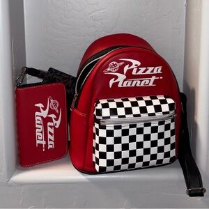 Red Pizza Planet Loungefly Backpack with Checkered Pocket